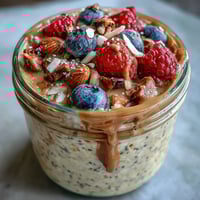 Creamy overnight oats topped with vibrant mixed berries and a swirl of almond butter for a wholesome, no-cook breakfast.