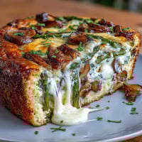A golden sourdough-crusted frittata baked with fresh asparagus, sautéed mushrooms, and melted Gruyère cheese, perfect for brunch.  