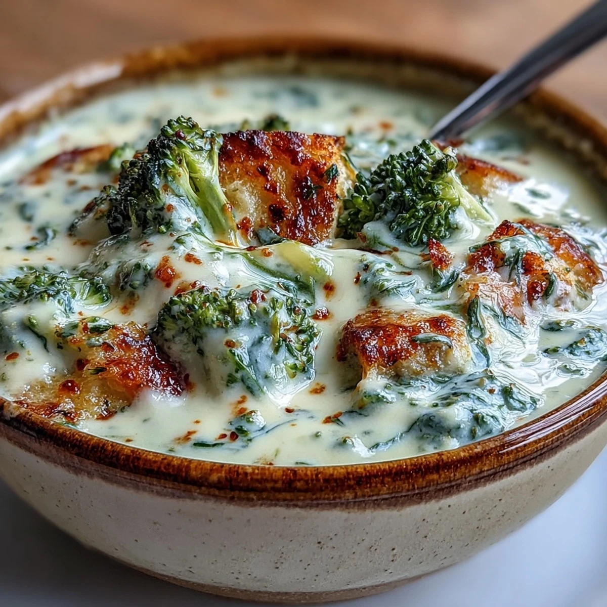 Creamy Broccoli Cheddar Soup Lightened with Greek Yogurt, featuring tender broccoli florets in a velvety cheddar base.