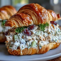 Fresh chicken salad croissant sandwiches with juicy red grapes, creamy dressing, and crisp celery, perfect for picnics and easy lunches.