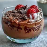 A rich and creamy high-protein cottage cheese chocolate mousse topped with fresh berries and shaved dark chocolate.