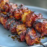 Grilled BBQ chicken pineapple kebabs with red onion and smoky glaze, perfect for summer cookouts.  