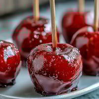 Mini candy apples on sticks, gleaming red and glossy, perfect for festive party treats or fall celebrations.