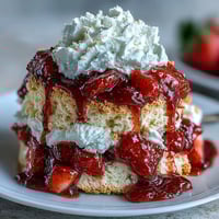 Classic strawberry shortcake with golden biscuit layers, fresh macerated strawberries, and fluffy whipped cream, served on a rustic plate.