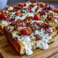 Kentucky Derby Hot Brown Flatbread Pizza with turkey, bacon, and Mornay sauce on golden crust, garnished with parsley and tomatoes.