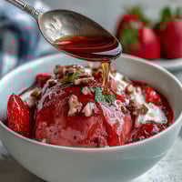 A vibrant bowl of creamy Greek yogurt topped with warm strawberry compote, crunchy nuts, and a honey drizzle for a sweet breakfast treat.