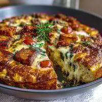 A golden, cheesy frittata with diced ham, spinach, and tomatoes, baked to fluffy perfection in a cast-iron skillet.