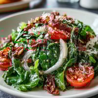 Dandelion greens salad with lemon vinaigrette and Parmesan cheese, topped with cherry tomatoes and pine nuts for a fresh Mediterranean dish.