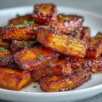 Honey roasted carrots and parsnips with golden glaze, tender and caramelized, served warm as a vegetarian side dish.