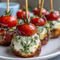 Vibrant Caprese skewers with cherry tomatoes, mozzarella, and basil, drizzled with fresh pesto for a colorful, flavorful appetizer.