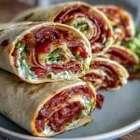 Italian Sub Pinwheel Wraps with colorful layers of deli meats, cheese, and peppers rolled in a soft tortilla.  