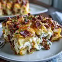 Overnight Amish Breakfast Casserole for a Crowd with sausage, eggs, and melted cheese, baked golden and bubbling in a large casserole dish.