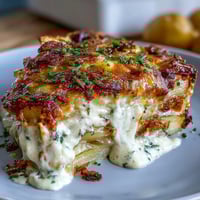 Creamy Au Gratin Potatoes baked to golden perfection with bubbling cheese and tender potatoes in a rich cream sauce.  