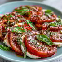 Fresh Caprese salad with juicy tomatoes, creamy mozzarella, and fragrant basil oil drizzle on a white plate.