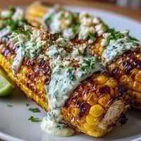 Grilled corn elote style features charred kernels topped with creamy sauce, Cotija cheese, and chili powder for authentic Mexican flavor.