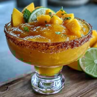Vibrant frozen mango margarita mocktail with citrus and spice, served in a salt-rimmed glass with lime wedge.