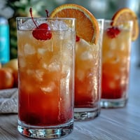 Vibrant ombre sunrise mocktail with grenadine, orange juice, and pineapple, layered for a stunning sunrise effect.