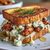 Goat Cheese & Hot Honey Chicken Grilled Cheese on toasted sourdough, with melty goat cheese and shredded chicken.