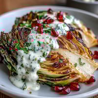 Smoky grilled cabbage wedges drizzled with creamy tahini sauce, topped with fresh parsley and ruby-red pomegranate seeds.  
