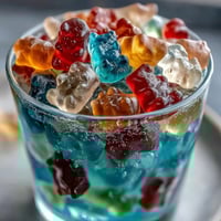 Vibrant Gummy Bear Lemonade Jelly Cups with colorful gummy bears suspended in refreshing lemon gelatin, garnished with fresh mint and lemon slices for a playful summer dessert.