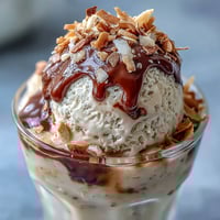 1. Coconut cold brew float with vanilla bean ice cream, served in tall glasses with toasted coconut flakes and fresh mint.  