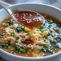 Silky egg ribbons float in a savory broth with fresh scallions in this comforting homemade egg drop soup.  