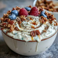 Creamy skyr protein smoothie bowl topped with vibrant berries and crunchy granola.
