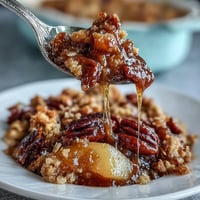 Father's Day Whiskey Caramel Apple Crisp with golden oat topping and rich caramel.